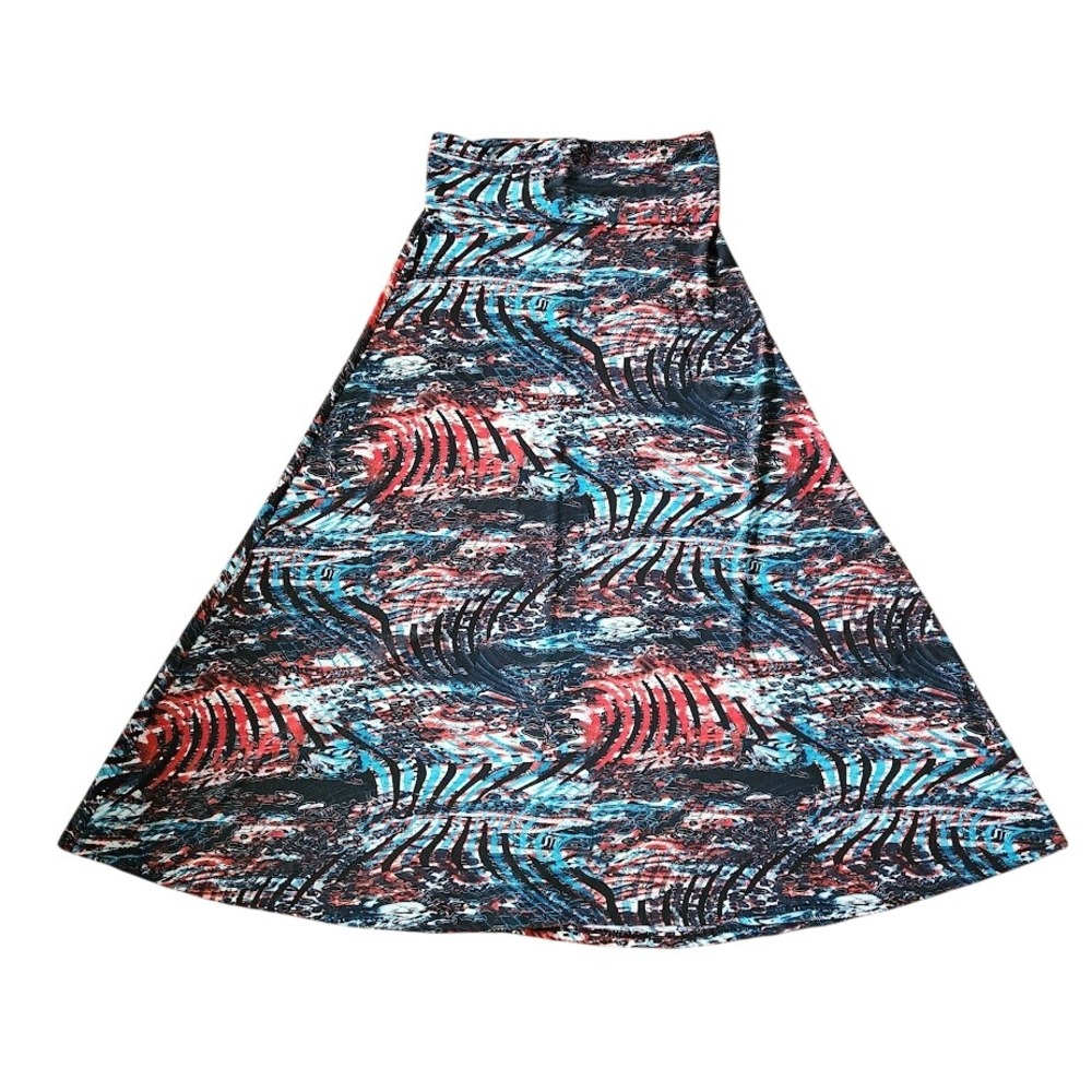 Honey & Lace Women's Abstract Print Maxi Skirt Blue Red Black Flowy Size M  D05